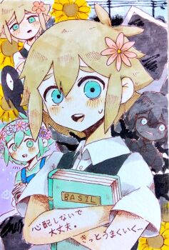 Rule 34 | 3boys, antenna hair, basil (faraway) (omori), basil (headspace) (omori), basil (omori), black hair, black skin, blonde hair, blue eyes, blue overalls, blush, camera, collared shirt, colored skin, commentary request, crossed arms, double-parted bangs, flower, geldslzcyf59548, green eyes, green hair, green shirt, green sweater vest, hair between eyes, hair flower, hair ornament, holding, holding camera, looking at viewer, male focus, multiple boys, omori, open mouth, overalls, photo (object), power lines, shirt, short sleeves, sidelocks, something (omori), stranger (omori), sunflower, sweatdrop, sweater vest, t-shirt, teeth, translation request, upper body, upper teeth only, white eyes, white shirt