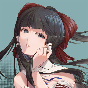 Rule 34 | 1girl, bare shoulders, black hair, blue background, blue ribbon, bow, character name, commentary, dress, floating hair, grey eyes, hair bow, hair ribbon, hakurei reimu, hand in own hair, hand up, head tilt, highres, long hair, neck ribbon, parted lips, ponytail, portrait, qingshuiwuyin pary, red bow, ribbon, sidelocks, sideways glance, solo, touhou, white dress, white ribbon