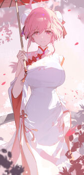1girl absurdres bilibalakonglijiwa blue_archive bun_cover china_dress chinese_clothes double_bun dress floral_print floral_print_dress hair_bun halo highres official_alternate_costume pink_eyes pink_hair pink_halo print_dress solo tomoe_(blue_archive) tomoe_(qipao)_(blue_archive) turtleneck turtleneck_dress white_dress