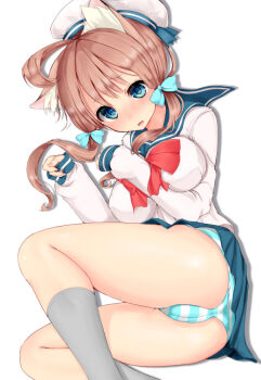 Rule 34 | 10s, 1girl, ass, bad id, bad pixiv id, blush, breasts, brown hair, error musume, female focus, girl holding a cat (kancolle), hair ribbon, hat, kantai collection, kneeling girl (kancolle), large breasts, long hair, lying, mokufuu, on side, open mouth, panties, pantyshot, personification, ribbon, school uniform, skirt, solo, striped clothes, striped panties, twintails, underwear, upskirt