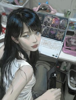 1girl 2025 asian black_hair bottle brown_eyes closed_mouth computer highres indoors laptop looking_at_viewer makeup original realistic red_lips sitting solo table whoisluvme