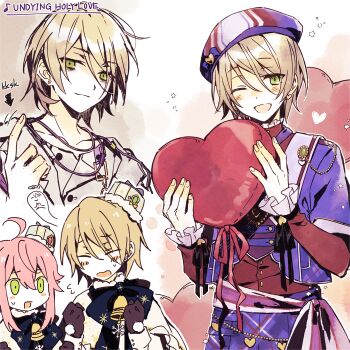 Rule 34 | 2boys, ahoge, bags under eyes, balloon, beanie, bell, black ribbon, blonde hair, blue bow, blue bowtie, blue jacket, blue pants, bow, bowtie, closed eyes, commentary, ensemble stars!, feature scout 1 (ensemble stars!), fingernails, frilled sleeves, frills, gem, gesshoku3, ghost, green eyes, hair between eyes, hands up, hat, hat bow, heart balloon, heart belt, highres, himemiya tori, holding, holding balloon, holistic holic (ensemble stars!), index finger raised, jacket, layered sleeves, long sleeves, male focus, mini hat, multiple boys, multiple views, neck bell, one eye closed, pants, pink hair, red ribbon, red shirt, ribbon, shiratori aira (ensemble stars!), shirt, short hair, short over long sleeves, short sleeves, sidelocks, striped hat, swept bangs, white shirt, white snow's merry xmas (ensemble stars!)