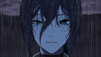 1girl absurdres black_choker black_hair chainsaw_man choker closed_mouth glaring hair_between_eyes highres jason_kim portrait rain reze's_eye_twitch_(chainsaw_man) reze_(chainsaw_man) scene_reference solo straight-on wet wet_hair