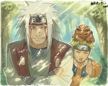 Rule 34 | 2boys, commentary request, facial mark, flak jacket, forehead protector, frog, gamakichi (naruto), green haori, haori, highres, jacket, japanese clothes, jiraiya (naruto), male focus, mikasa372214, multiple boys, naruto (classic), naruto (series), teacher and student, toad (animal), uzumaki naruto, whisker markings