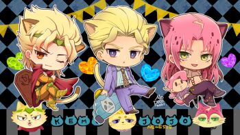 Rule 34 | 3boys, animal ears, argyle background, blonde hair, cape, cat ears, cat tail, chibi, chibi only, coffin, crossed legs, diamond wa kudakenai, diavolo, dio brando, eyelashes, fang, green eyes, heart, jacket, jojo no kimyou na bouken, kemonomimi mode, kira yoshikage, morino peko, multiple boys, navel, one eye closed, open mouth, orange eyes, pants, pink hair, purple jacket, purple pants, red cape, sheer heart attack, stardust crusaders, tail, vento aureo, vinegar doppio