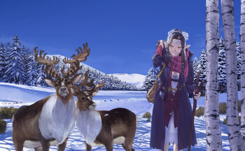 1girl adjusting_hood animal atrata bag belt birch_tree black_coat black_hair blue_nails blue_sky braid breasts brown_bag brown_belt buttons cane clear_sky cleavage closed_mouth coat commentary_request curtained_hair day dress feet_out_of_frame flower forehead_protector forest hair_flower hair_ornament holding holding_cane hood hood_down hooded_coat jacket long_hair long_sleeves mabinogi medium_breasts medium_dress moose nail_polish nature open_clothes open_coat orange_eyes outdoors parted_bangs pine_tree plaid_clothes plaid_scarf pointy_ears red_jacket red_scarf scarf scenery shoulder_bag side_braids sky smile snow standing toro_(konirio) tree white_dress white_flower winter