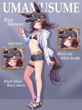 1girl animal_ears baseball_cap bikini black_bikini blush breasts brown_hair closed_mouth commentary commentary_request ears_through_headwear english_text flipped_hair hair_ornament hair_over_one_eye hairclip hat highres hokuyukis hood hood_down hooded_jacket hoodie horse_ears horse_girl horse_tail jacket jewelry long_hair looking_at_viewer mixed-language_commentary navel necklace open_clothes open_jacket open_mouth purple_eyes rice_shower_(umamusume) sandals small_breasts smile stomach swimsuit tail tongue tongue_out umamusume white_hoodie