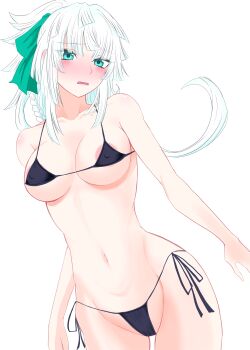 Rule 34 | 1girl, absurdres, areola slip, bare shoulders, bikini, black bikini, blush, braid, braided hair rings, breasts, cleavage, collarbone, commentary request, covered navel, earrings, fate/grand order, fate (series), green eyes, hair ribbon, hair rings, highres, jewelry, long hair, looking at viewer, mcpc zamurai, medium breasts, micro bikini, navel, open mouth, ponytail, ribbon, sidelocks, solo, swimsuit, thighs, white hair, yui shousetsu (fate)