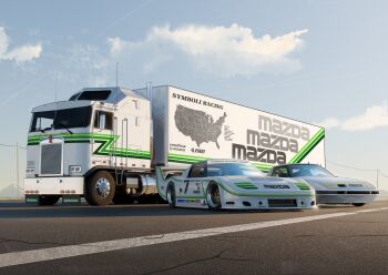 absurdres blue_sky box_truck car cloud commentary english_commentary goodyear highres map mazda mazda_rx-7 motor_vehicle mountainous_horizon no_humans original outdoors pavement pioneer_corporation road run_rotary semi_truck sky spoiler_(automobile) street trailer truck united_states vehicle_request