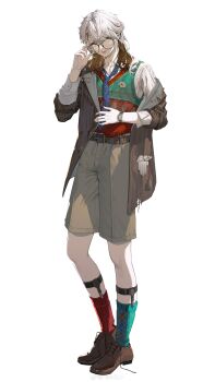 Rule 34 | 1other, :d, absurdres, adjusting eyewear, asymmetrical legwear, basu (zhusanan), blue necktie, brown eyes, brown hair, brown jacket, brown shoes, brown shorts, colored tips, full body, glasses, gloves, green socks, green vest, hand on eyewear, highres, jacket, legwear garter, looking at viewer, medicine pocket, medicine pocket (the cosmos photographer), mismatched legwear, multicolored hair, necktie, official alternate costume, open clothes, open jacket, open mouth, pinstripe jacket, pinstripe pattern, red socks, red vest, reverse:1999, shirt, shoes, shorts, single off shoulder, smile, socks, solo, standing, striped clothes, striped jacket, sweater vest, teeth, two-tone vest, unworn gloves, vertical-striped clothes, vertical-striped jacket, vest, watch, white background, white gloves, white hair, white shirt, wristwatch