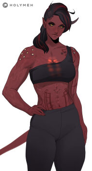 Rule 34 | 1girl, arm tattoo, artist name, baldur's gate, baldur's gate 3, black hair, broken horn, colored skin, demon girl, demon horns, demon tail, hand on own hip, highres, holy meh, horns, karlach, long hair, multicolored hair, muscular, muscular female, patreon logo, pointy ears, red hair, red skin, solo, stomach tattoo, tail, tattoo, white background, yellow eyes