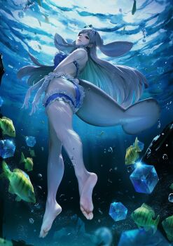 Rule 34 | 1girl, air bubble, american manatee (kemono friends), animal ears, ass, bare legs, bare shoulders, barefoot, bikini, blue bikini, blue choker, blue hair, blunt bangs, breasts, bubble, cetacean tail, choker, commentary request, cube, dorsal fin, elbow gloves, feet, fins, fish, fish tail, freediving, frilled bikini, frilled one-piece swimsuit, frilled thigh strap, frills, from behind, from below, full body, gem, gloves, grey hair, head fins, highres, ice, kemono friends, legs, light rays, lips, long hair, looking at viewer, looking back, multicolored hair, nose, one-piece swimsuit, pink lips, seaweed, shark tail, soles, solo, submerged, sunlight, swimming, swimsuit, tail, takami masahiro, thigh strap, toes, tropical fish, underwater, very long hair, water, white gloves, white hair