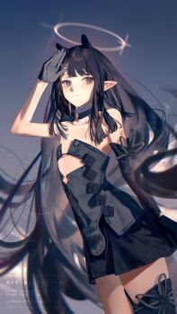 alternate_color arm_up black_collar black_dress black_gloves black_hair black_skirt black_thighhighs blunt_bangs closed_mouth clothing_cutout collar commentary cutout_above_navel detached_sleeves dress english_commentary fcjfior flat_chest fur-trimmed_collar fur_trim gloves grey_eyes halo highres hololive hololive_english light_smile long_hair looking_at_viewer miniskirt mole mole_under_eye ninomae_ina&#039;nis ninomae_ina&#039;nis_(1st_costume) pointy_ears short_dress sidelocks single_detached_sleeve single_thighhigh skirt skirt_under_dress sleeveless sleeveless_dress straight_hair strapless strapless_dress thighhighs tube_dress very_long_hair virtual_youtuber