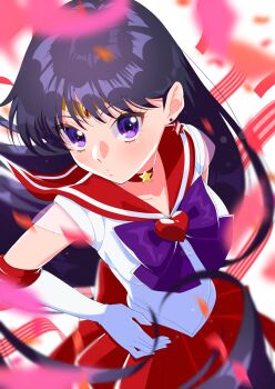 Rule 34 | 1girl, bishoujo senshi sailor moon, black hair, bow, bowtie, brooch, choker, closed mouth, collarbone, commentary request, dot mouth, earrings, elbow gloves, gloves, hand on own hip, heart, heart brooch, highres, hino rei, jewelry, long hair, looking at viewer, magical girl, purple bow, purple bowtie, purple eyes, red choker, red sailor collar, red skirt, sailor collar, sailor mars, sailor senshi, sailor senshi uniform, skirt, solo, star (symbol), star choker, star earrings, super sailor mars, wataamesaikoh, white gloves