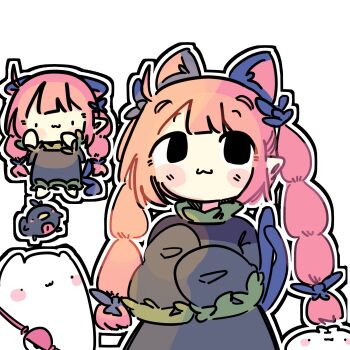 1girl :3 animal_ears black_eyes blush braid cat cat_ears cat_girl cat_tail closed_mouth commentary extra_ears highres kaenbyou_rin kourihase long_hair long_sleeves looking_at_viewer multiple_tails pointy_ears reiuji_utsuho reiuji_utsuho_(bird) side_braids simple_background tail touhou twin_braids two_tails white_background