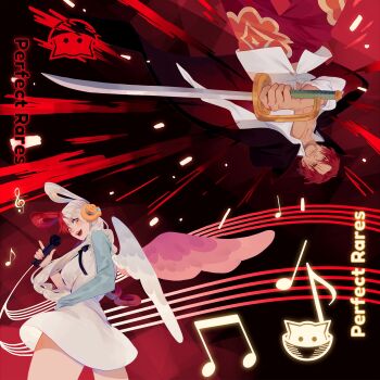 1boy 1girl amputee beard_stubble black_cape cape closed_mouth commentary cowboy_shot dress english_commentary facial_hair father_and_daughter headphones highres holding holding_microphone holding_sword holding_weapon looking_at_viewer looking_back microphone multicolored_hair musical_note musical_staff one_piece one_piece_film:_red open_mouth pink_wings purple_eyes red_hair scar scar_across_eye scar_on_face shanks_(one_piece) shirt short_hair smile stubble sword twintails two-tone_hair two-tone_wings upside-down uta_(one_piece) vonnabeee weapon white_dress white_hair white_shirt white_wings wings