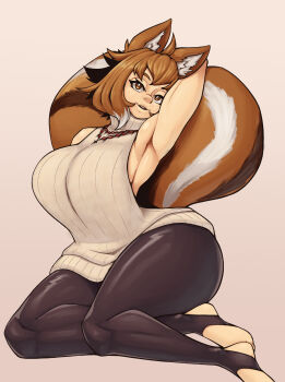 Rule 34 | 1girl, animal ears, blazblue, breasts, brown eyes, brown hair, ekkonus, highres, large breasts, makoto nanaya, multicolored hair, pants, short hair, sleeveless, squirrel ears, squirrel girl, squirrel tail, sweater, tail, teeth, two-tone hair, upper teeth only, white hair
