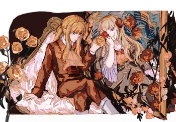 1girl 1other androgynous ascot ashashio beatrice_(umineko) blonde_hair blue_eyes blunt_bangs crossed_legs dual_persona feet_out_of_frame flower formal_clothes frilled_sleeves frills gem green_gemstone highres light_smile long_hair long_sidelocks looking_afar looking_ahead looking_at_another ponytail red_flower red_rose red_suit rose sidelocks sitting spoilers suit umineko_no_naku_koro_ni ushiromiya_lion wavy_hair wide_sleeves yellow_flower yellow_rose