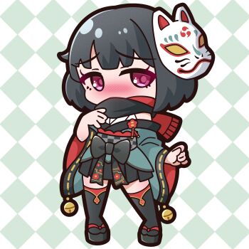 1girl absurdres aihara_tsubaki argyle_background black_hair black_sandals black_scarf black_skirt black_thighhighs blue_kimono blush checkered_sash chibi commentary_request covered_mouth fox_mask fringe_trim full_body highres japanese_clothes kimono long_sleeves looking_at_viewer mask mask_on_head nose_blush obi off_shoulder ongeki pleated_skirt purple_eyes red_scarf ribbon-trimmed_sleeves ribbon_trim saishosaisekojo sandals sash scarf skirt solo standing thighhighs white_kimono wide_sleeves zouri