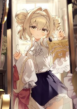 1girl absurdres ascot black_skirt blonde_hair bow bowtie closed_mouth clothes_hanger collared_shirt commentary curtains double_bun dress dress_shirt flower frilled_skirt frills frown full-length_mirror hair_bun ham99luv highres holding holding_clothes_hanger korean_commentary long_sleeves looking_at_mirror mirror neckerchief original plant potted_plant red_bow red_bowtie red_neckerchief reflection reflection_focus shirt short_sleeves skirt solo thick_eyebrows white_ascot white_bow white_bowtie white_shirt window yellow_dress yellow_eyes yellow_skirt