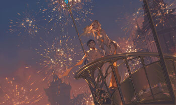 Rule 34 | 1boy, 1girl, black hair, dress, fireworks, floating hair, ibuki satsuki, long hair, looking ahead, looking at another, low-tied long hair, night, orange hair, original, sky, smile, white dress