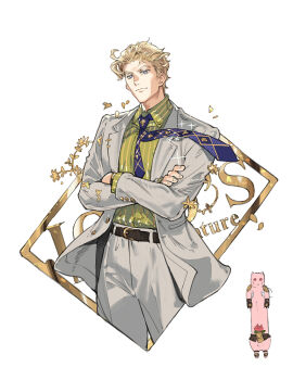 Rule 34 | 1boy, 1other, argyle clothes, argyle necktie, belt, blonde hair, blue eyes, blue necktie, closed mouth, collared shirt, colored skin, commentary, cropped legs, crossed arms, diamond wa kudakenai, dress shirt, grey jacket, grey pants, jacket, jojo no kimyou na bouken, killer queen, kira yoshikage, lapels, longcat (meme), looking at viewer, male focus, meme, necktie, notched lapels, open clothes, open jacket, pants, pink skin, pinstripe pattern, pinstripe shirt, salaryman, shirt, shirt tucked in, simple background, stand (jojo), starshadowmagician, stray cat (jojo), white background