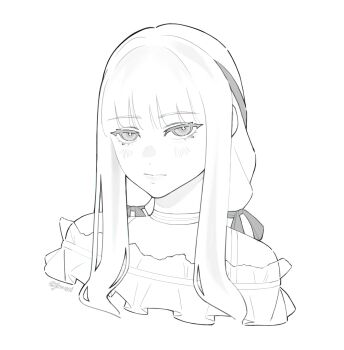 1girl absurdres bare_shoulders blunt_bangs bow bra_strap closed_mouth commentary cropped_torso english_commentary eyelashes frilled_shirt frills frown greyscale hair_bow hair_ribbon highres infinity_nikki jirounei light_blush lips long_hair long_sidelocks looking_at_viewer low_twintails monochrome nikki_(nikki) nikki_(series) off-shoulder_shirt off_shoulder perfect_start_(infinity_nikki) ribbon shirt sidelocks simple_background single_stripe solo striped_choker tress_ribbon twintails unamused wavy_hair white_background