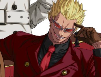 2boys arms_behind_head black_shirt blonde_hair brown_gloves chess_piece coat donquixote_doflamingo earrings formal_clothes gloves grin holding holding_chess_piece jewelry looking_at_viewer male_focus multiple_boys necktie one_piece red_necktie red_suit shirt short_hair sim2matu smile suit sunglasses tongue tongue_out vergo_(one_piece) white_coat