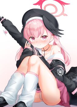 1girl 3: absurdres beret black_choker black_hat black_shirt black_shoes black_wings blue_archive blush bolt_action cameltoe choker closed_mouth collarbone commentary embarrassed eyelashes feathered_wings full_body furrowed_brow gun hair_between_eyes halo hat head_wings highres holding holding_gun holding_weapon knees_up koharu_(blue_archive) long_hair looking_at_viewer loose_socks low_wings miniskirt nose_blush p14_enfield panties pink_eyes pink_hair pink_skirt pleated_skirt red_halo rifle sailor_collar school_uniform serafuku shirt shoes simple_background single_bare_shoulder sitting skirt sleeves_past_wrists socks solo thighs twintails underwear weapon white_background white_panties white_sailor_collar white_socks wings yoowaru