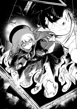 1girl absurdres arcgi4 ascot bang_dream! bang_dream!_it's_mygo!!!!! beret black_background bright_pupils brooch burning capelet character_doll chinese_commentary clenched_hands commentary_request constricted_pupils doll earrings empty_picture_frame evil_smile fire greyscale halftone hands_up hat hatching_(texture) highres jewelry leaning_forward linear_hatching long_hair long_sleeves looking_at_another looking_back monochrome mortis_(bang_dream!) mortis_(costume)_(bang_dream!) mortis_(persona)_(bang_dream!) overskirt parted_lips partially_shaded_face picture_frame see-through_clothes see-through_sleeves sentient_stuffed_toy shaded_face shirt shorts sidelighting sleeve_cuffs smile swept_bangs wakaba_mutsumi wakaba_mutsumi_(doll)