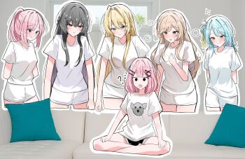 6+girls amaori_haruna amaori_renako animal_print aqua_hair black_hair blonde_hair braid brown_hair couch crossed_bangs female_focus flipped_hair flower_hairpin hair_between_eyes hair_bun hair_intakes hair_ornament hair_ribbon hairclip half_up_braid harem highres indoors jay_jay1519 koto_satsuki koyanagi_kaho long_hair meme multiple_girls nape_braid ouzuka_mai parallel_hairclips pink_hair piper_perri_surrounded_(meme) ponytail ribbon sena_ajisai shirt short_sleeves shorts siblings sidelocks single_hair_bun single_side_bun sisters swept_bangs t-shirt very_long_hair watashi_ga_koibito_ni_nareru_wake_naijan_murimuri! wavy_hair white_shirt x_hair_ornament yellow_ribbon yuri