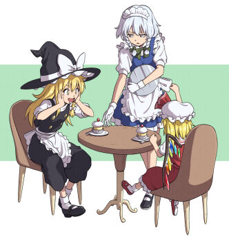 3girls apron back_bow black_hat black_shoes black_skirt black_vest blonde_hair bow braid chair commentary_request crystal crystal_wings cupcake drooling flandre_scarlet food fork gloves green_bow grey_hair hair_bow hands_on_own_cheeks hands_on_own_face hat hat_bow highres inuno_rakugaki izayoi_sakuya kirisame_marisa looking_at_another maid maid_headdress mary_janes mob_cap multicolored_wings multiple_girls on_chair one_side_up open_mouth red_shoes red_skirt red_vest shoes side_braid single_braid sitting skirt skirt_set smile socks table touhou twin_braids vest waist_apron white_apron white_bow white_gloves white_hat white_socks wings witch_hat yellow_eyes