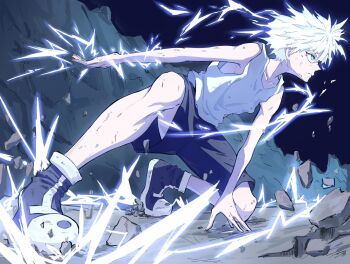 1boy black_shoes dirty dirty_face electricity electrokinesis full_body hashtag-only_commentary highres hunter_x_hunter killua_zoldyck looking_ahead male_focus nnaa0_o shoes short_hair solo spiked_hair tank_top white_hair white_tank_top
