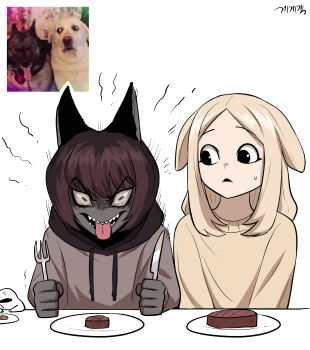 1other 2girls :< :3 :p absurdres angry animal_ears artist_name artist_self-insert black_dog black_eyes black_hoodie black_mouth black_skin blonde_hair bob_cut brown_hair brown_sweater closed_mouth colored_skin constricted_pupils dining_room dog dog_ears dog_girl drawstring droopy_ears ears_back eating envy eyelashes female_focus food fork gegegekman gloom_(expression) grey_hoodie hair_between_eyes hands_on_table highres holding holding_fork holding_knife holding_utensil hood hood_down hoodie jealous knife leaning_forward long_sleeves looking_at_another looking_at_viewer looking_to_the_side meat medium_hair motion_lines multiple_girls nervous notice_lines original parted_hair parted_lips personification photo-referenced photo_inset plate reference_inset scene_reference shaded_face sharp_teeth shiny_eyes short_hair side-by-side sidelocks signature simple_background sitting smile steak straight-on sweatdrop sweater table teeth tongue tongue_out two-tone_hoodie v-shaped_eyebrows v_arms watermark white_background worried yellow_dog