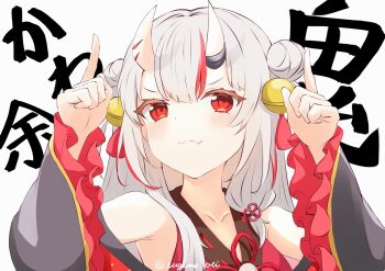 Rule 34 | :3, artist name, bare shoulders, bell, commentary request, detached sleeves, dot nose, double bun, hair between horns, hair bun, highres, hololive, horn ornament, horns, long hair, long sleeves, looking at viewer, multicolored hair, nakiri ayame, nakiri ayame (1st costume), oni, red eyes, red hair, simple background, skin-covered horns, tugime oti, virtual youtuber, white hair, wide sleeves