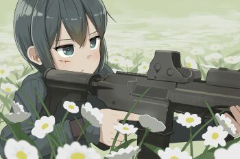 1girl absurdres aiming akts625 androgynous aqua_eyes assault_rifle blood blood_on_face blush closed_mouth coat commentary daisy_(flower) day dot_mouth field flower flower_field from_side green_coat gun hair_between_eyes highres holding holding_gun holding_weapon injury kino_(kino_no_tabi) kino_no_tabi light_blush long_sleeves looking_afar looking_ahead outdoors reflex_sight rifle romaji_commentary short_hair solo squatting tomboy trigger_discipline two-handed very_short_hair weapon weapon_request white_flower