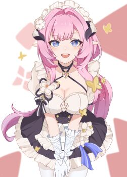 Rule 34 | 1girl, :d, alternate costume, apron, blue eyes, breasts, cleavage, commentary, dress, elf, elysia (honkai impact), elysia (miss pink) (honkai impact), elysia (miss pink elf) (honkai impact), enmaided, flower, frilled dress, frills, gloves, hair ornament, highres, honkai (series), honkai impact 3rd, large breasts, long hair, looking at viewer, maid, maid headdress, official alternate costume, open mouth, pink hair, pink pupils, pointy ears, short sleeves, simple background, smile, solo, teeth, v arms, very long hair, white background, white flower, white gloves, zerosama (sailuojiang)