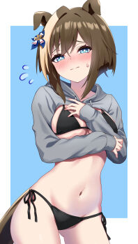 Rule 34 | 1girl, absurdres, animal ears, bikini, black bikini, blue eyes, blush, border, breasts, bright pupils, brown hair, brown tail, cheval grand (umamusume), closed mouth, commentary request, covering breasts, covering privates, cowboy shot, ears down, embarrassed, flying sweatdrops, grey shrug, hair between eyes, highres, hinoaki, hood, hood down, hooded shrug, horse ears, horse girl, horse tail, large breasts, looking at viewer, multicolored hair, navel, outside border, short hair, short hair with long locks, shrug (clothing), side-tie bikini bottom, sidelocks, simple background, solo, stomach, streaked hair, sweat, swimsuit, tail, thighs, umamusume, white border, white pupils, white streaks