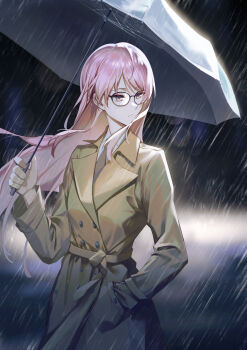 1girl absurdres bang_dream! bang_dream!_it's_mygo!!!!! brown_coat chihaya_anon chinese_commentary coat commentary_request glasses grey_eyes grey_necktie hand_in_pocket highres holding holding_umbrella long_hair long_sleeves necktie pink_hair rain solo umbrella yuuu_(chixulixianing)