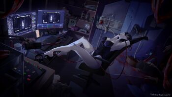 1girl absurdres barefoot black_gloves black_hair black_leotard breasts chair closed_eyes computer_keyboard curtains dark_room feet_on_table gloves highres indie_virtual_youtuber intravenous_drip large_breasts layna_lazar leotard livestream microphone monitor multiple_monitors office_chair pace_argonaut_(artist) signature stretching swivel_chair virtual_youtuber