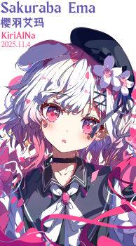 1girl absurdres artist_name black_choker black_hat black_shirt blush bow bowtie character_name choker collarbone collared_shirt commentary dated hair_ornament hat highres kiriaina looking_at_viewer mahou_shoujo_no_majo_saiban open_mouth pink_eyes sakuraba_ema shirt short_hair simple_background solo upper_body white_background white_bow white_bowtie white_hair x_hair_ornament
