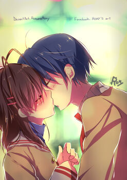 Rule 34 | 1boy, 1girl, antenna hair, artist name, blue hair, blush, brown hair, brown jacket, clannad, closed eyes, furukawa nagisa, hair ornament, hairclip, hetero, highres, hikarizaka private high school uniform, jacket, kiss, long hair, long sleeves, mixed-language commentary, okazaki tomoya, parallel hairclips, rossana-roxy, sailor collar, school uniform, short hair, white sailor collar
