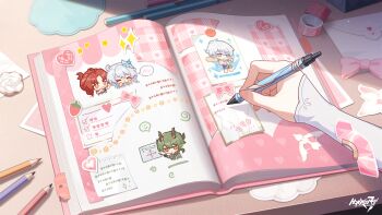 1girl book bow bowtie commentary desk elysia_(hi_love_elf)_(honkai_impact) elysia_(honkai_impact) english_commentary game_cg highres holding holding_pen honkai_(series) honkai_impact_3rd kevin_kaslana kiana_kaslana kiana_kaslana_(divine_prayer) kiana_kaslana_(sea_&amp;_breeze) kosma letter murata_himeko official_art open_book pen pencil pink_bow pink_bowtie solo