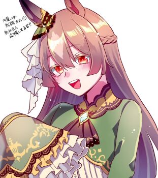 1girl animal_ears anzaisou ascot blush bow braid breasts brown_ascot brown_eyes brown_hair double-parted_bangs ear_ornament ear_ribbon hair_between_eyes half_up_braid half_updo highres horse_ears horse_girl long_hair looking_at_viewer multicolored_hair open_mouth satono_diamond_(natural_brilliance)_(umamusume) satono_diamond_(umamusume) sleeves_past_fingers sleeves_past_wrists smile solo streaked_hair umamusume very_long_hair