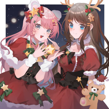 2girls :d absurdres animal_ears antlers bang_dream! bear bear_ears blue_eyes blush bow bowtie brown_hair capelet chihaya_anon chinese_commentary christmas christmas_ornaments closed_mouth commentary_request dress fur-trimmed_dress fur_trim green_bow green_bowtie green_eyes hair_bow hair_ornament hairclip highres holding horns long_hair looking_at_viewer multiple_girls nagasaki_soyo nail_polish night open_mouth pink_hair red_capelet red_dress red_nails santa_costume short_sleeves smile star_(sky) star_(symbol) star_hair_ornament stuffed_animal stuffed_toy swept_bangs teddy_bear