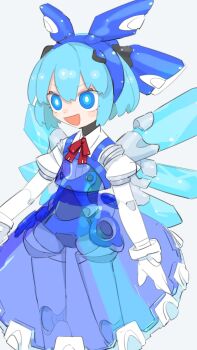1girl absurdres android arms_at_sides artist_name blue_eyes blue_hair blue_shirt blue_skirt blush_stickers bob_cut bright_pupils cheri_zao cirno collared_shirt commentary crystal_wings feet_out_of_frame glowing glowing_eyes headgear highres joints layered_shirt looking_ahead mechanical_wings mechanization neck_ribbon open_mouth puffy_short_sleeves puffy_sleeves red_ribbon revision ribbon ringed_eyes robot_joints see-through_clothes see-through_shirt see-through_skirt shirt short_hair short_sleeves skirt smile solo standing touhou v-shaped_eyebrows white_background white_pupils white_shirt wings