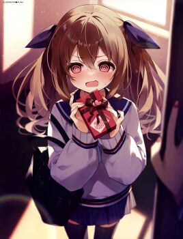 Rule 34 | 1girl, 1other, @ @, absurdres, artist name, bag, black thighhighs, blue ribbon, blue sailor collar, blue skirt, blurry, blush, box, brown hair, cowboy shot, dengeki moeoh, depth of field, doorway, double-parted bangs, fang, gift, gift box, hair between eyes, hair ribbon, happy valentine, highres, holding, holding gift, indoors, lens flare, light particles, long hair, looking at viewer, magazine scan, miniskirt, nervous, nervous sweating, open mouth, original, pleated skirt, pov doorway, red eyes, ribbon, sailor collar, scan, school bag, school uniform, sidelocks, skin fang, skirt, suimya, sunlight, sweat, sweatdrop, sweater, thighhighs, third-party source, twintails, valentine, white sweater