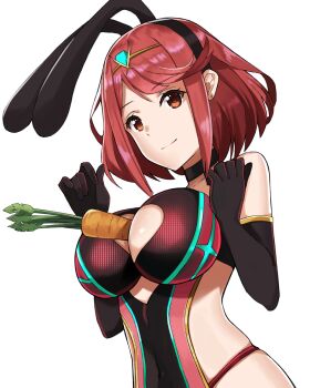 1girl animal_ears bare_shoulders between_breasts breasts carrot cleavage covered_navel duplicate earrings fake_animal_ears female_focus fingerless_gloves food food_between_breasts gem gloves hair_ornament headpiece highres j@ck jewelry large_breasts nintendo playboy_bunny pyra_(xenoblade) rabbit_ears rabbit_tail red_eyes red_hair red_shorts short_hair shorts sidelocks simple_background solo swept_bangs tail tiara white_background xenoblade_chronicles_(series) xenoblade_chronicles_2