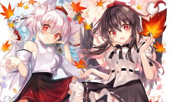 2girls animal_ears autumn_leaves bird_wings black_bow black_bowtie black_skirt black_wings blush bow bowtie breasts brown_hair chest_sarashi closed_mouth commentary_request detached_sleeves falling_leaves frilled_skirt frills fuepo grey_hair hat hauchiwa holding inubashiri_momiji leaf looking_at_viewer multiple_girls open_mouth pom_pom_(clothes) puffy_short_sleeves puffy_sleeves red_eyes red_hat ribbon-trimmed_skirt ribbon_trim sarashi shameimaru_aya shirt short_sleeves skirt smile sword tail tokin_hat touhou weapon weapon_on_back white_shirt wings wolf_ears wolf_girl wolf_tail