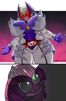 Rule 34 | 1boy, 1girl, absurdres, alternate breast size (larger), artist name, bodysuit, breasts, commentary, english commentary, from below, highres, kamen rider, kamen rider dcd, kamen rider decade, kamen rider kivala, large breasts, looking down, looking up, p.a.l.m, tokusatsu, underboob